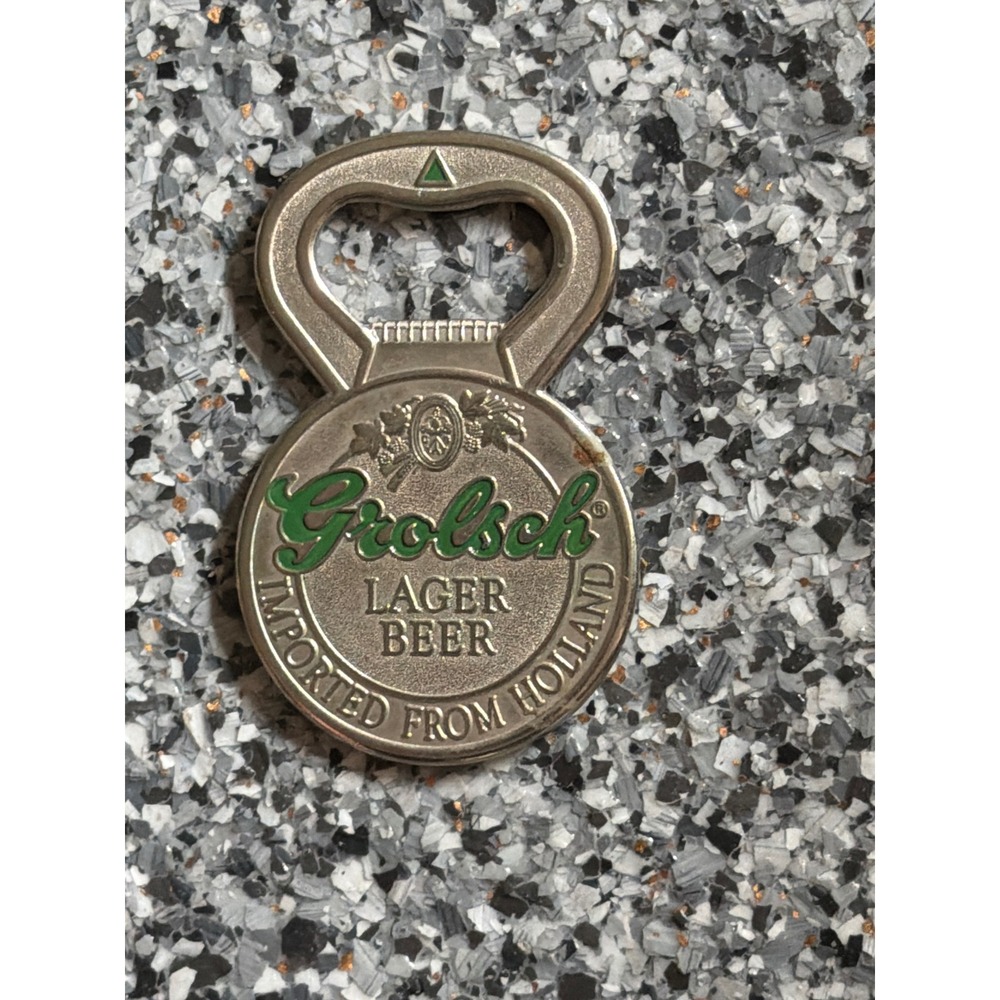 Vintage Grolsch Lager Beer Bottle Opener Holland Silver Green Metal Bar Tool